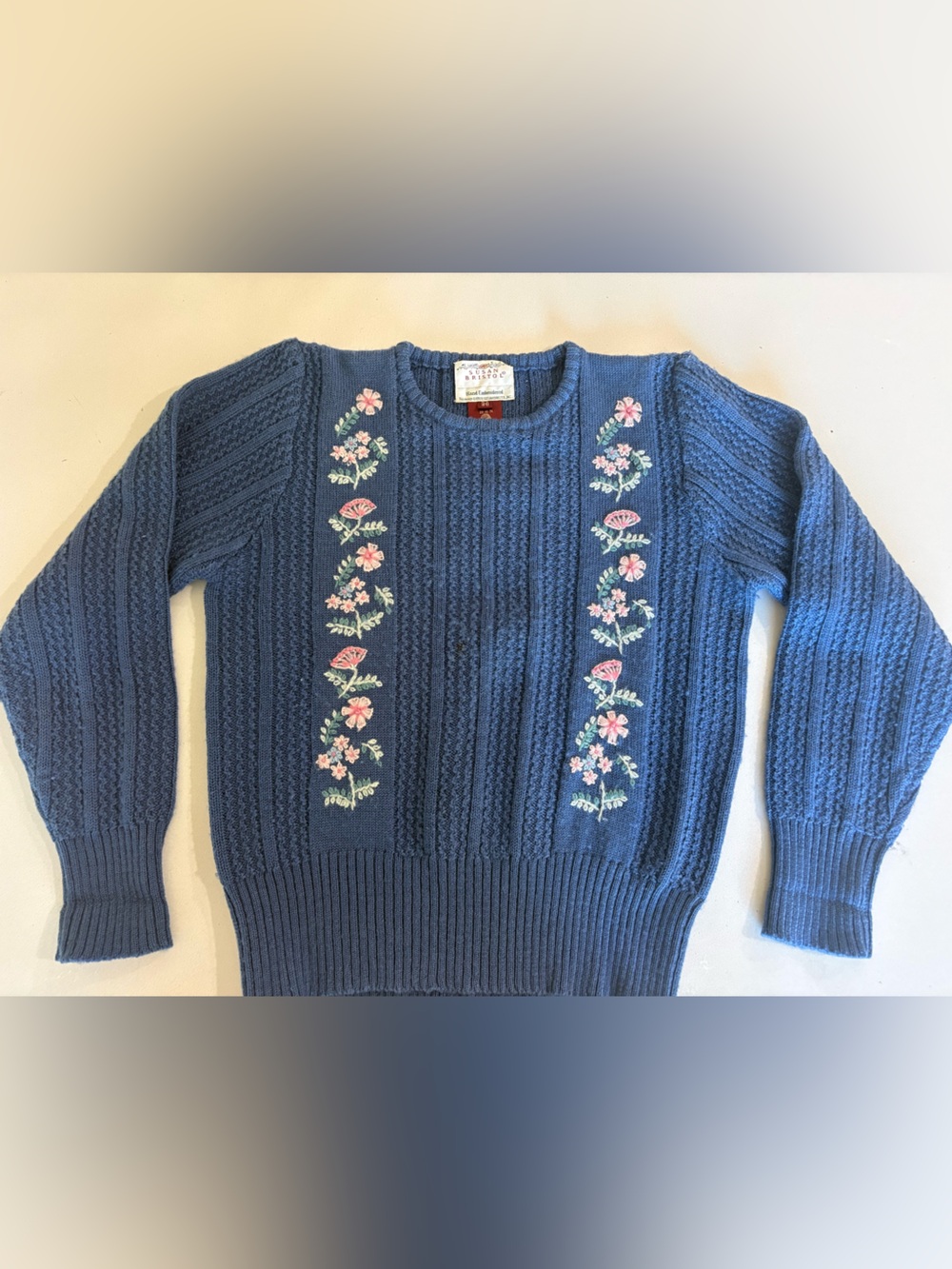Vintage Susan Bristol 1989 Blue Crewneck Sweater with Pink Embroidery Flowers